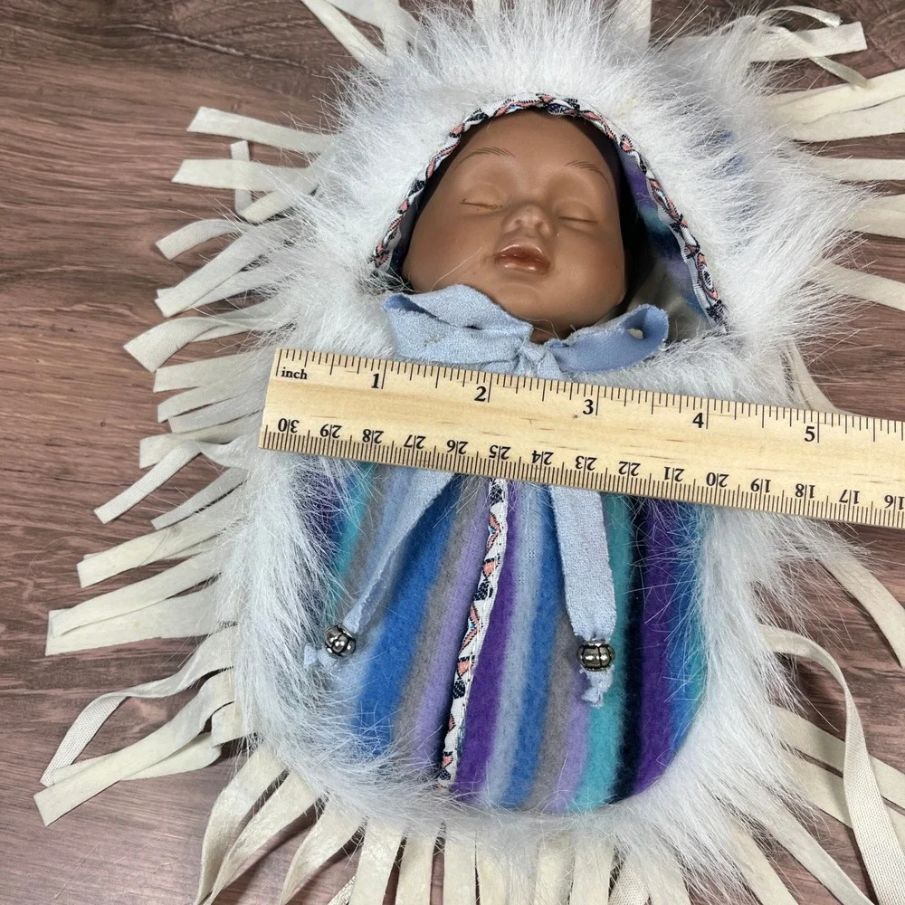 Native American Porcelain Baby Doll Papoose Blue Purple Faux‎ Fur Fringe Striped